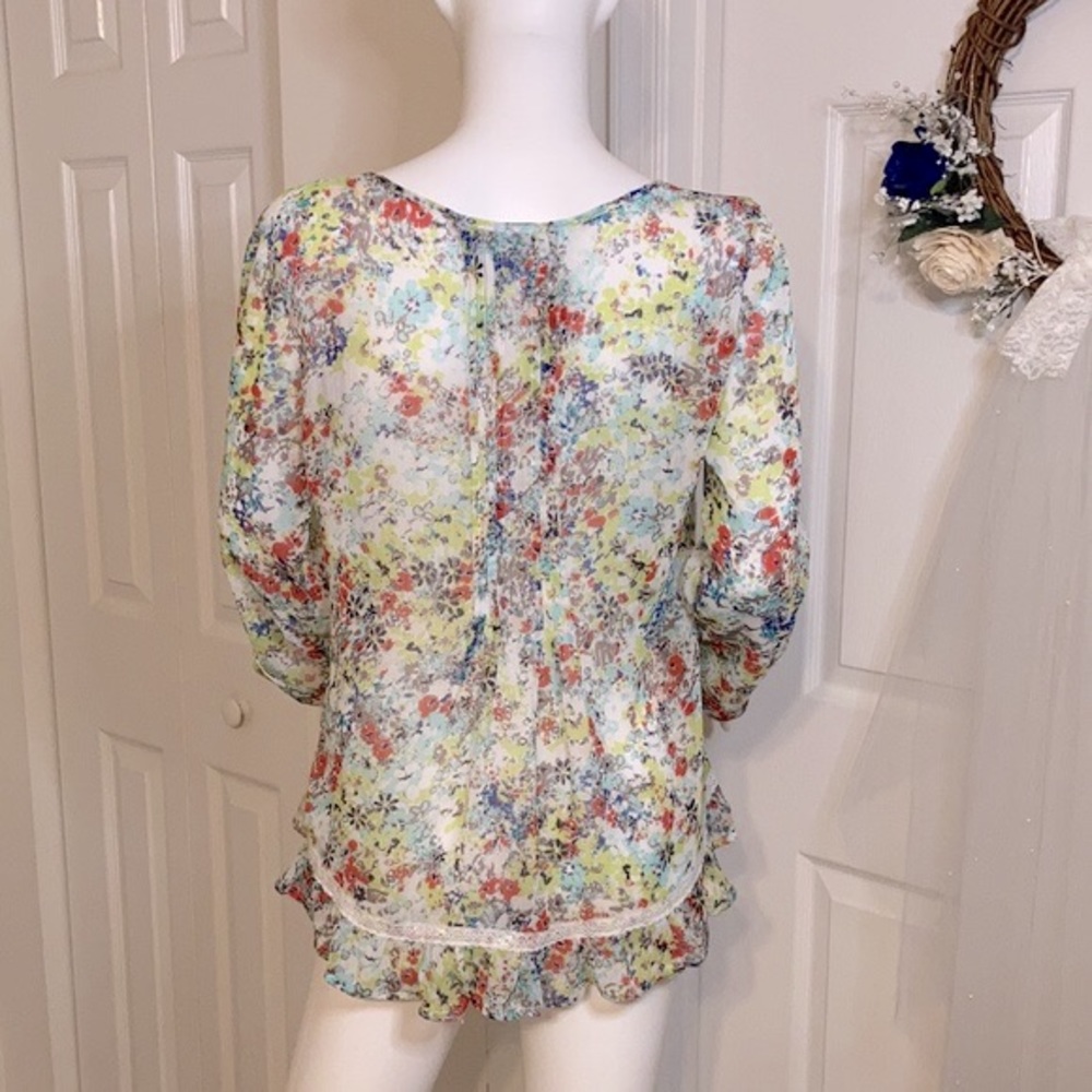 American Rag Semi-Sheer Floral High-Low Peasant Top - Picture 7 of 12